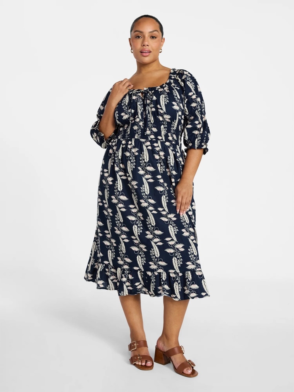 Terra & Sky Navy Floral Midi Dress with Tie Bodice and Puff Sleeves